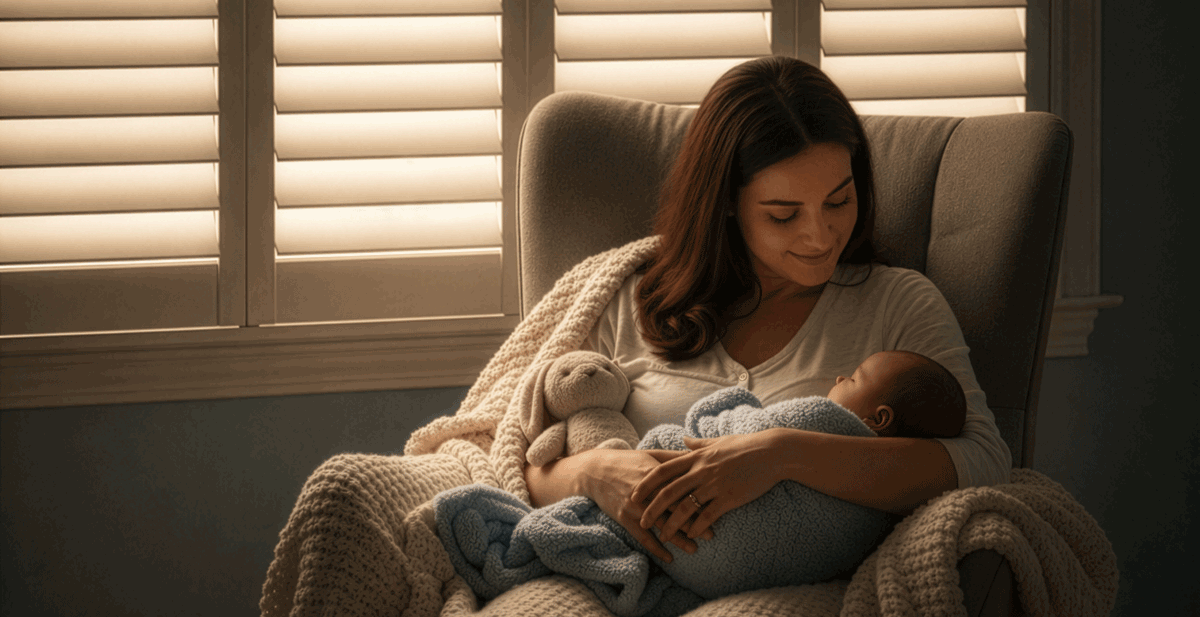 Mother holding her baby in a softly lit room illuminated by LiteLüvr shutters