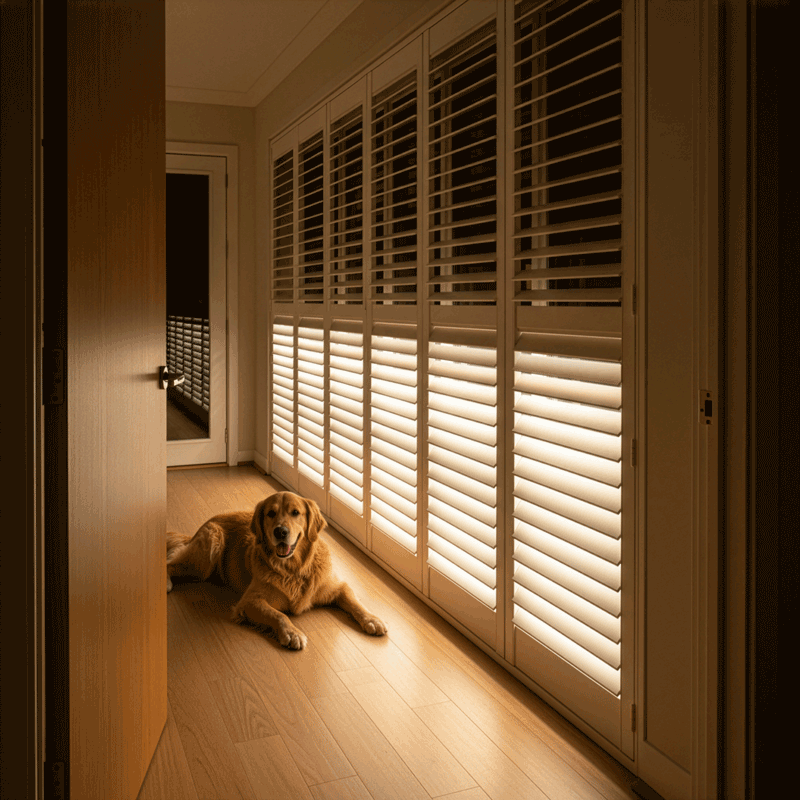 A hallway warmly illuminated by multiple LiteLüvr panels, producing even amber light at the wall plane
