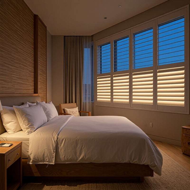 A hotel suite at dusk — a guest reads by the warm glow of LiteLüvr shutters with the city skyline beyond