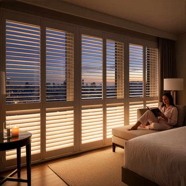 A hotel suite at dusk — guest reading by LiteLüvr window light