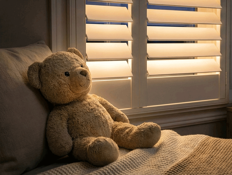 A serene bedroom lit by the warm glow of LiteLüvr shutters at dusk