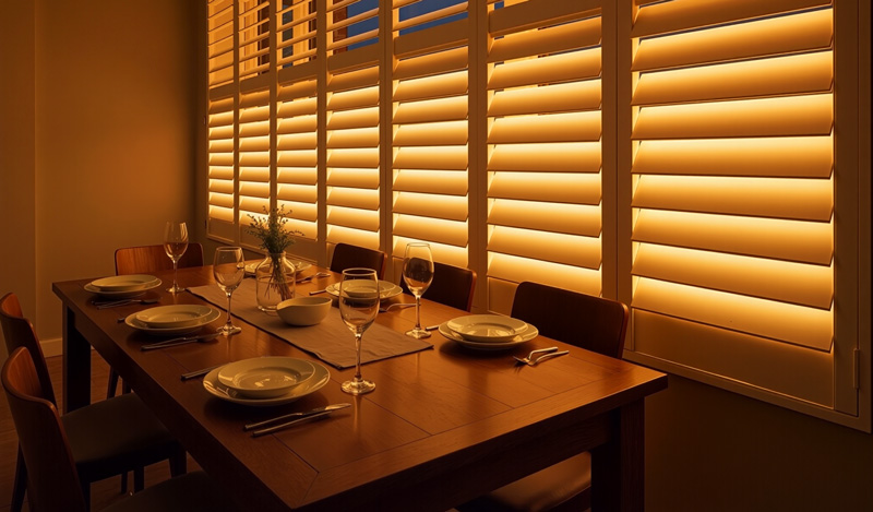 A dining room lit entirely by the warm glow of LiteLüvr shutters