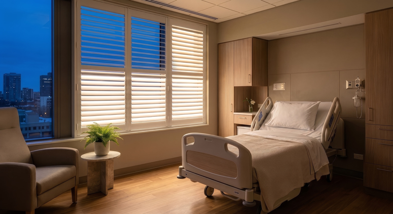 A calm patient room where a clinician and patient talk by the soft, warm light of LiteLüvr shutters