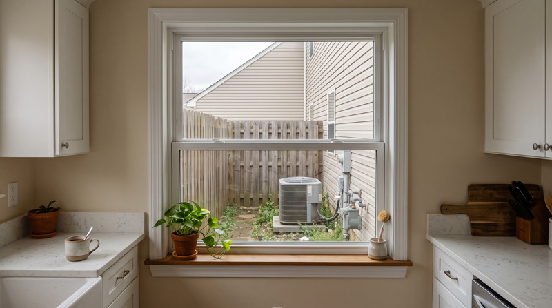 An ordinary residential window looking out at a plain fence just a few feet away — no view worth keeping