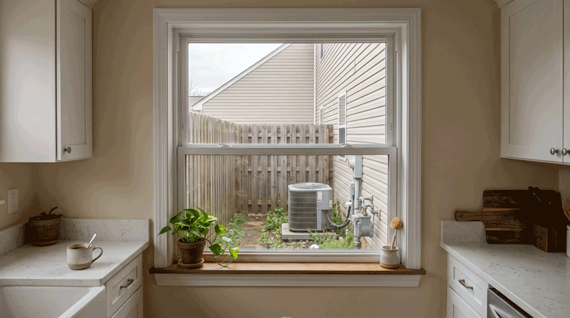 An ordinary residential window looking out at a plain fence just a few feet away — no view worth keeping